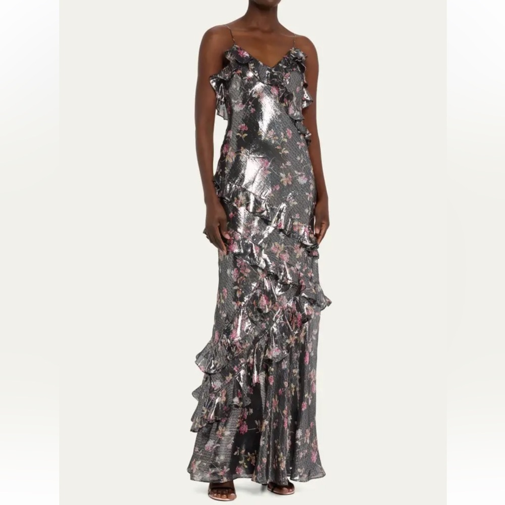 LoveShackFancy Rialto Floral Silk Lamé Maxi Dress